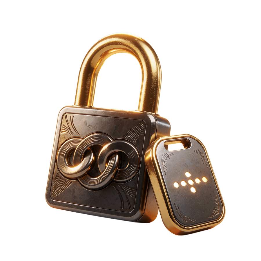 Lukket h&aelig;ngel&aring;s i guld og gunmetal med sikkerhedsn&oslash;gle ved siden af, som symbol p&aring; KYC, 2FA og SSL hos JB Casino