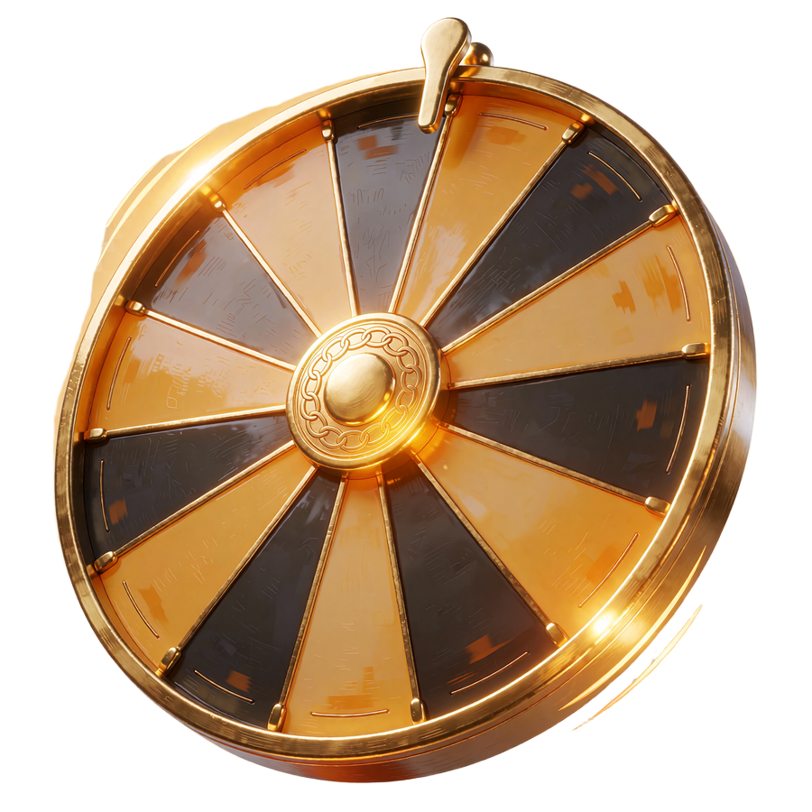 Gyldent præmiehjul med tolv felter i gunmetal og rav og en pointer foroven, som illustrerer Lucky Spins hos JB Casino
