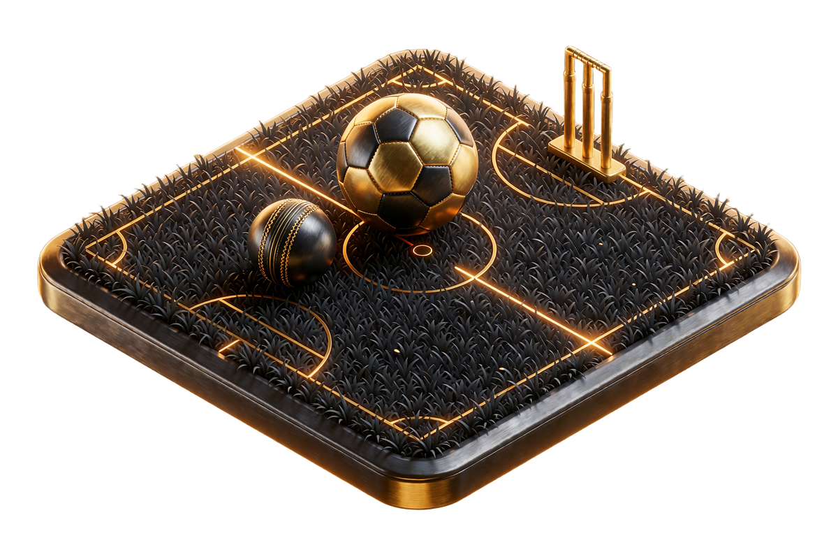 Isometrisk fodboldbane i guld og gunmetal med fodbold, cricketbold og stumps, der viser crypto sportsbook hos JB Casino