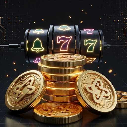 Gyldne crypto-m&oslash;nter og slothjul p&aring; m&oslash;rk baggrund som illustration af BGaming-slots