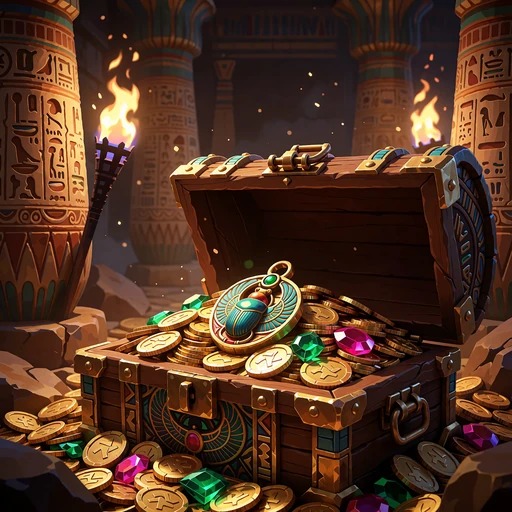 Skattekiste med guldm&oslash;nter og &aelig;delsten i et tempel som illustration af Relax Gaming-slots